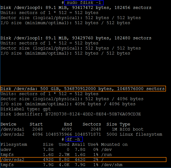 Ubuntu Disk Space fdisk and df